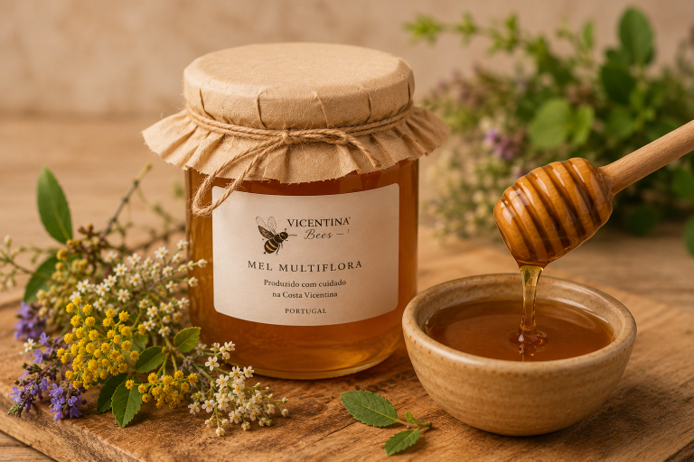 Frasco de mel multifloral Vicentina Bees com flores silvestres